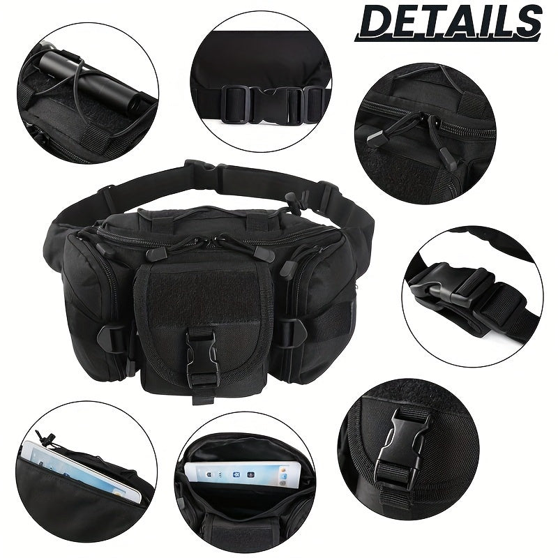 Men‘S Tactical Fanny Pack, Sports Waist Bag with Multiple Pockets, Hydrophobic Oxford Cloth, Zippered Closure, Nylon, Adjustable Strap, for Hiking, Hunting, Fishing, Cycling - Black