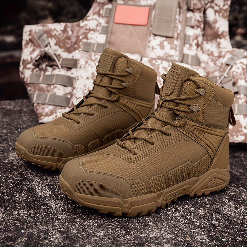 Men's Trendy Solid Hiking Boots, Comfy Non Slip Lace Up Durable Shoes For Men's Outdoor Activities