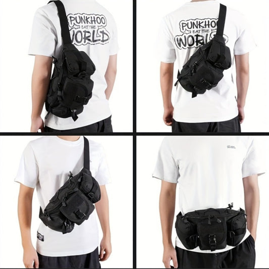 Men‘S Tactical Fanny Pack, Sports Waist Bag with Multiple Pockets, Hydrophobic Oxford Cloth, Zippered Closure, Nylon, Adjustable Strap, for Hiking, Hunting, Fishing, Cycling - Black