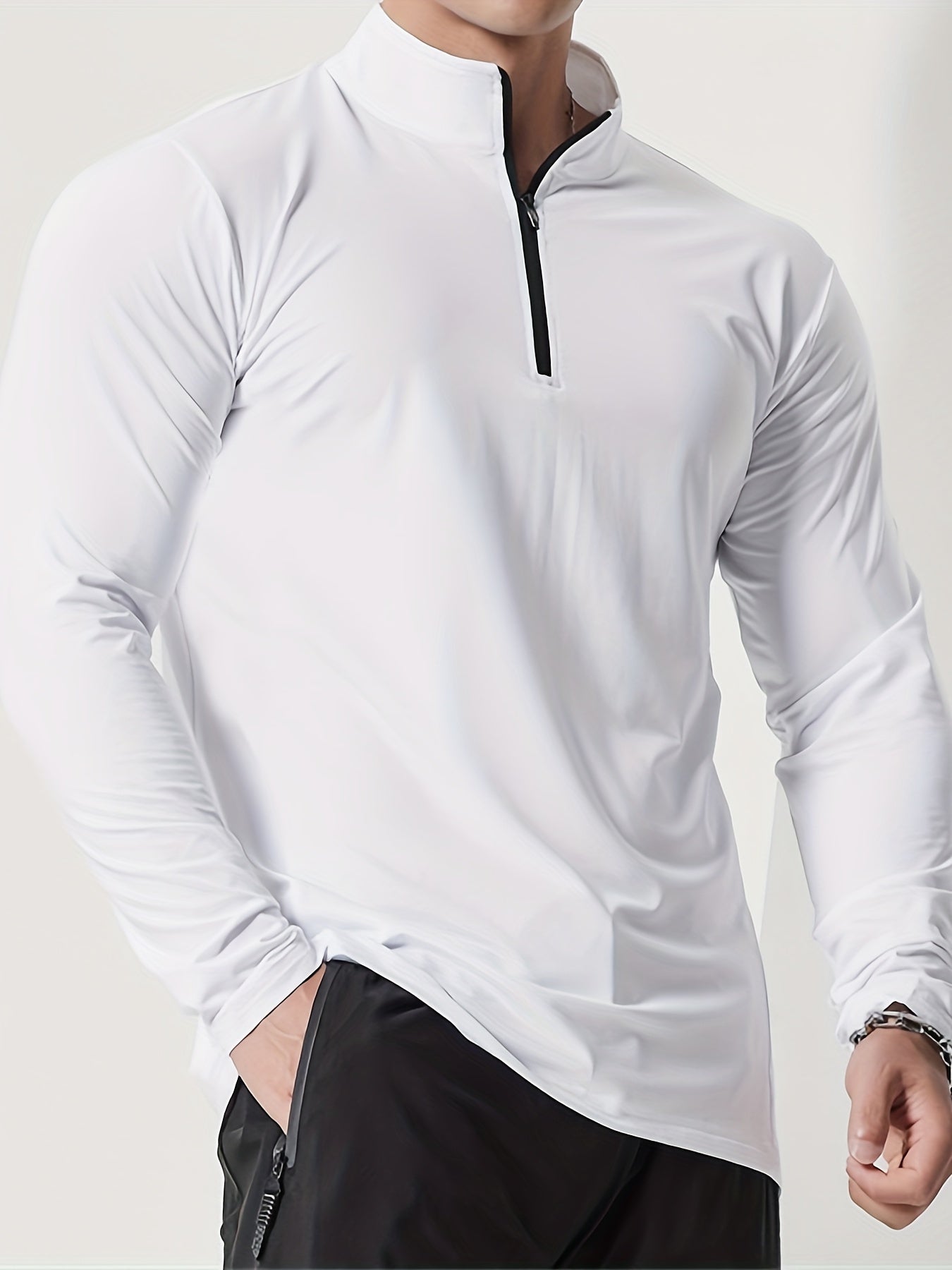 Men's Solid Henley Shirt, Active Half Zipper Stand Collar Slim-fit Long Sleeve Shirt For Spring Fall Outdoor Activities