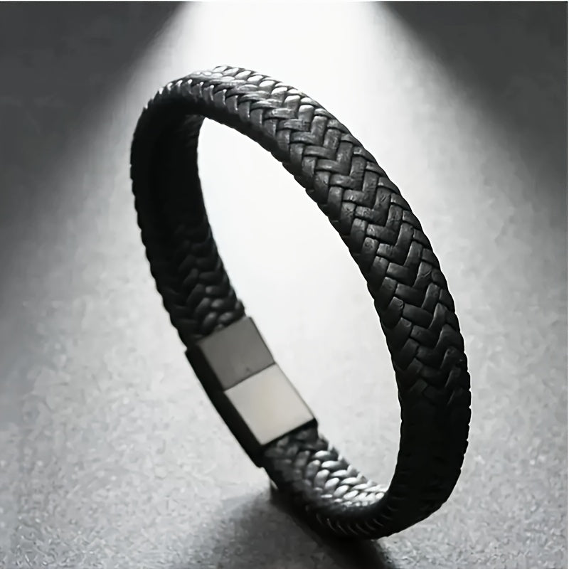 Men's Vintage-Inspired Braided Faux Leather Bracelet with Sleek Magnetic Clasp, Casual Black Wristband - No Plating