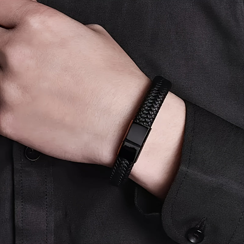 Men's Vintage-Inspired Braided Faux Leather Bracelet with Sleek Magnetic Clasp, Casual Black Wristband - No Plating