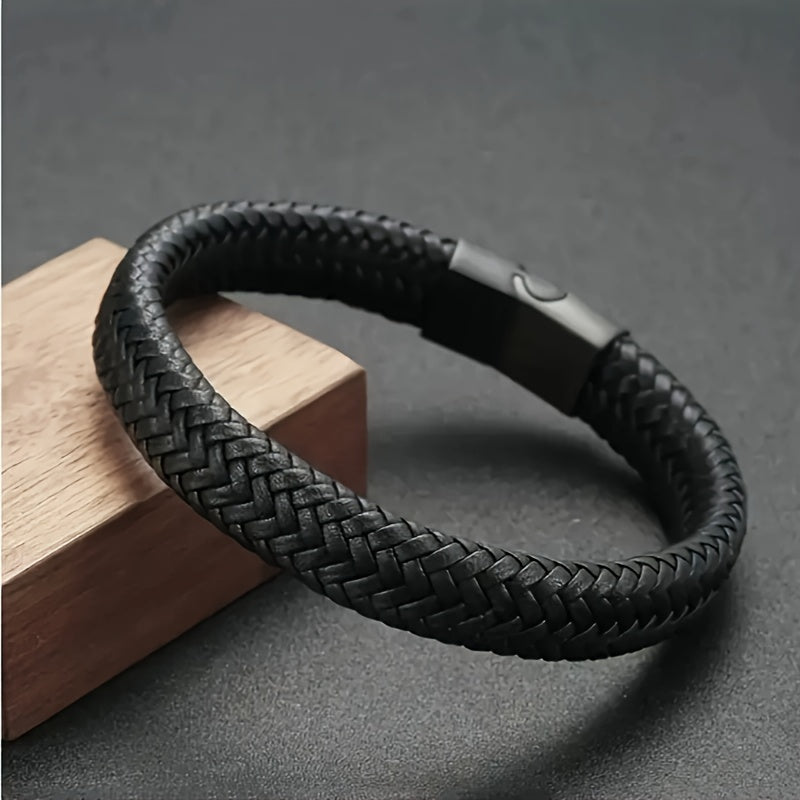 Men's Vintage-Inspired Braided Faux Leather Bracelet with Sleek Magnetic Clasp, Casual Black Wristband - No Plating