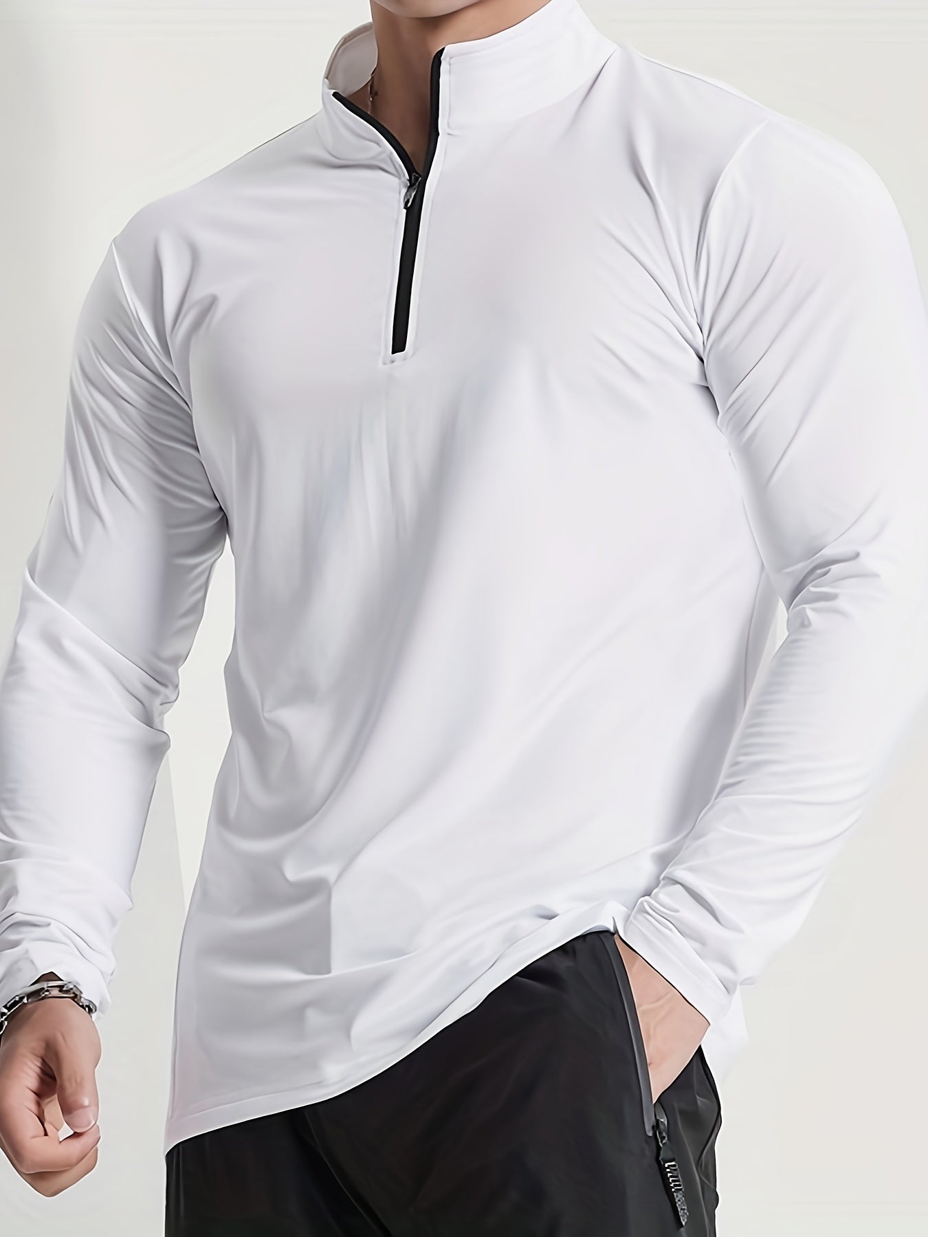 Men's Solid Henley Shirt, Active Half Zipper Stand Collar Slim-fit Long Sleeve Shirt For Spring Fall Outdoor Activities