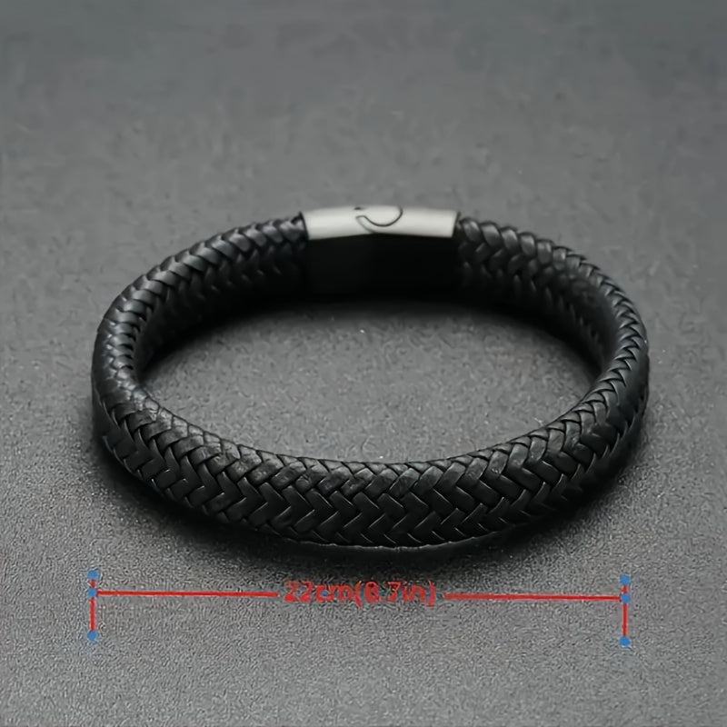 Men's Vintage-Inspired Braided Faux Leather Bracelet with Sleek Magnetic Clasp, Casual Black Wristband - No Plating
