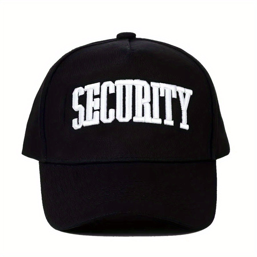 Safety Letter Embroidered Baseball Cap - Adjustable, Lightweight And Breathable Sun Hat for Men And Women - Stylish Black Cap with White 'SECURITY' Text - Perfect for Hiking, Traveling, And Outdoor Activities.