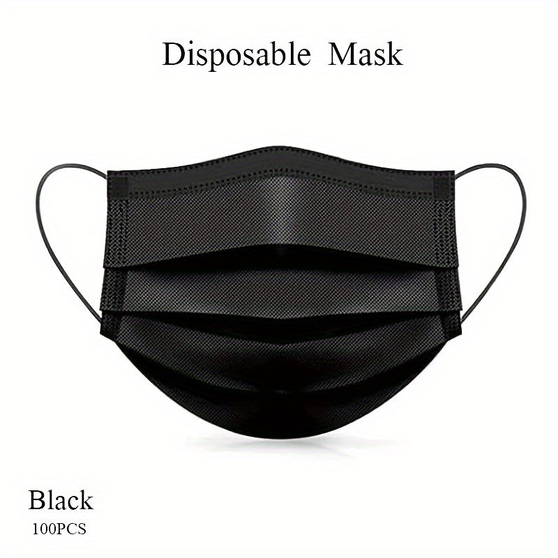 100pcs Durable 3-Layer Face Masks for Adults - Black, Plastic/Polypropylene, Security & Labor Protection