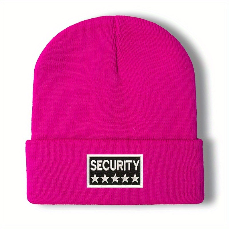 100% Acrylic Unisex Security Embroidered Knit Beanie Cap - Soft, Comfortable, Windproof & Lightweight Winter Hat for Men and Women with Elasticity