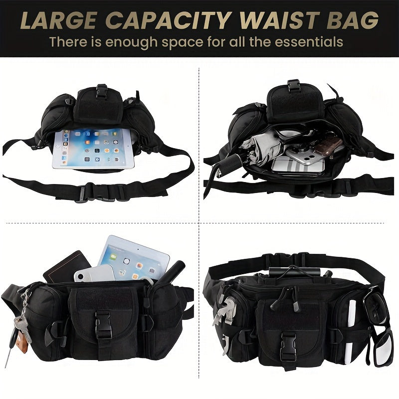 Men‘S Tactical Fanny Pack, Sports Waist Bag with Multiple Pockets, Hydrophobic Oxford Cloth, Zippered Closure, Nylon, Adjustable Strap, for Hiking, Hunting, Fishing, Cycling - Black