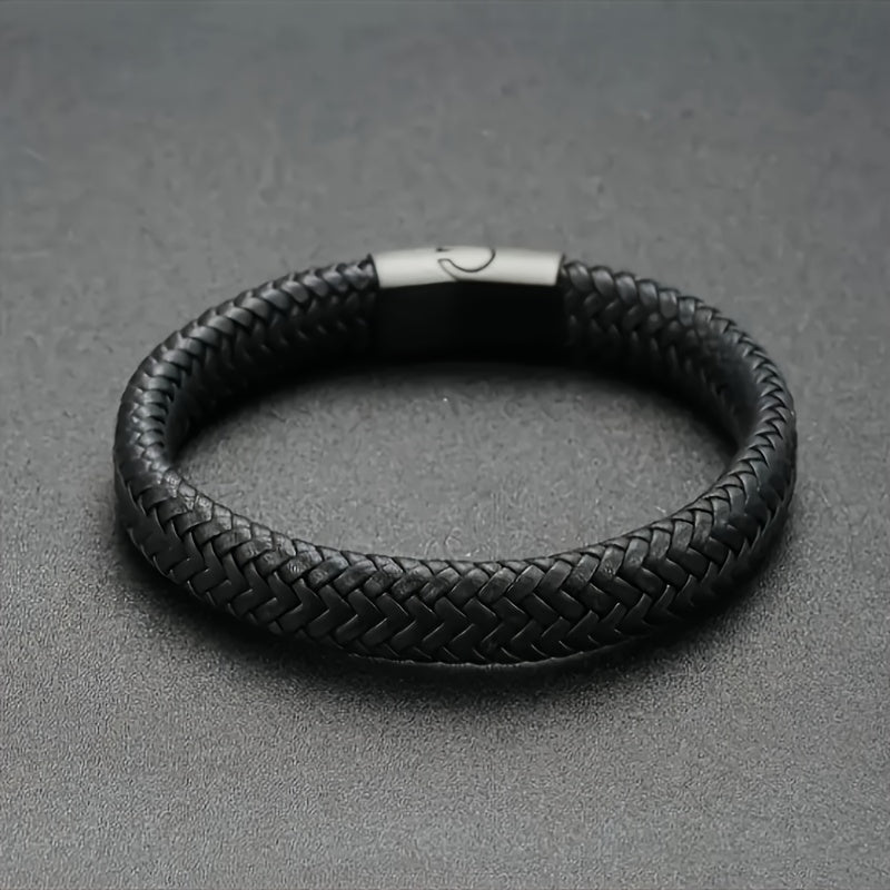 Men's Vintage-Inspired Braided Faux Leather Bracelet with Sleek Magnetic Clasp, Casual Black Wristband - No Plating