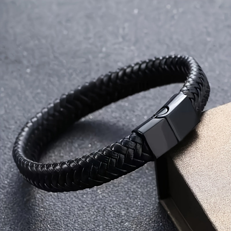 Men's Vintage-Inspired Braided Faux Leather Bracelet with Sleek Magnetic Clasp, Casual Black Wristband - No Plating