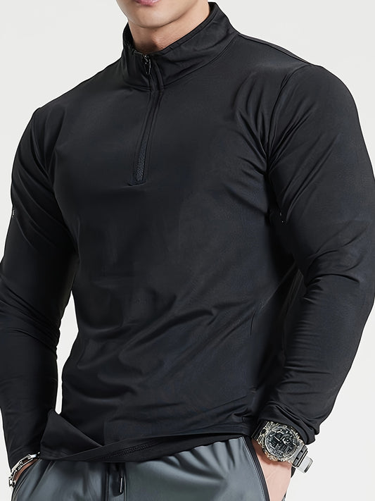 Men's Solid Henley Shirt, Active Half Zipper Stand Collar Slim-fit Long Sleeve Shirt For Spring Fall Outdoor Activities