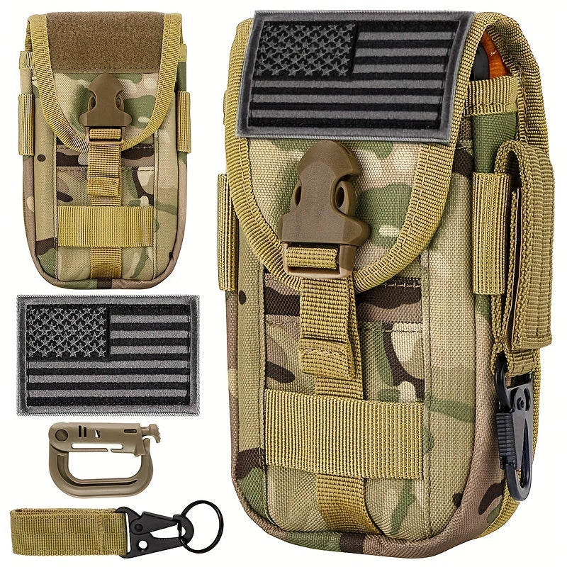 US Flag Patch Tactical Molle Cell Phone Holster Pouch - Smartphone Case for 4.7"-6.7" with Armor Case, D-Ring, and Gear Clip - Waist Bag Belt Gadget Bag