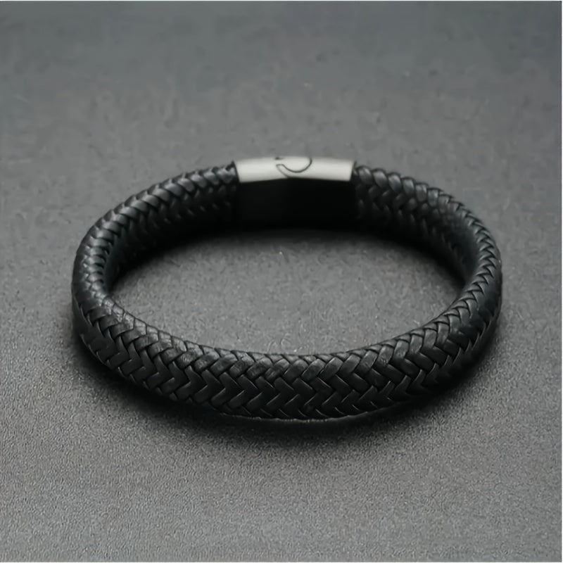 Men's Vintage-Inspired Braided Faux Leather Bracelet with Sleek Magnetic Clasp, Casual Black Wristband - No Plating