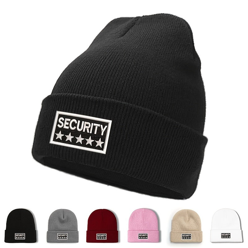 100% Acrylic Unisex Security Embroidered Knit Beanie Cap - Soft, Comfortable, Windproof & Lightweight Winter Hat for Men and Women with Elasticity