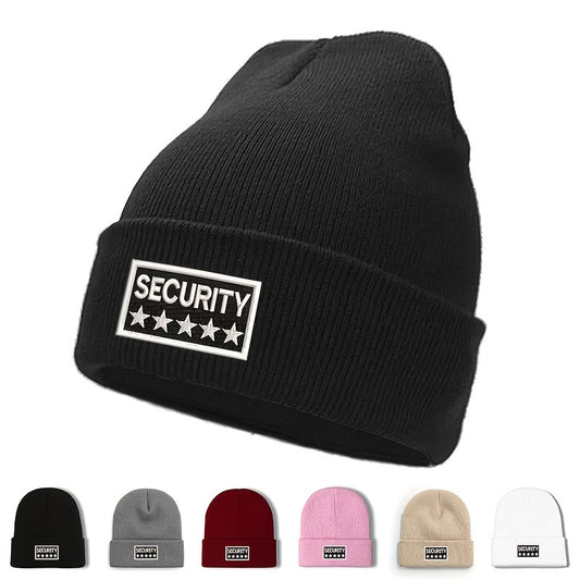 100% Acrylic Unisex Security Embroidered Knit Beanie Cap - Soft, Comfortable, Windproof & Lightweight Winter Hat for Men and Women with Elasticity