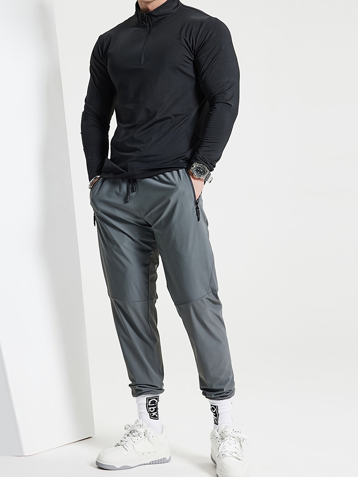 Men's Solid Henley Shirt, Active Half Zipper Stand Collar Slim-fit Long Sleeve Shirt For Spring Fall Outdoor Activities