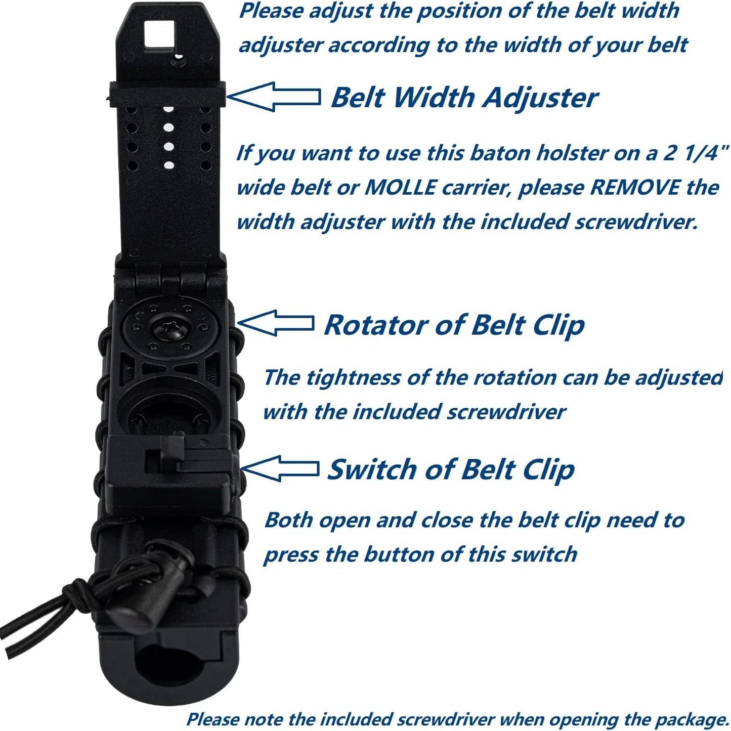 Baton Holder 360 Degree Rotating MOLLE Clip 16"-21"-26" Telescopic Holster for 1.2" Diameter Expandable Carry Case Baton Carrier