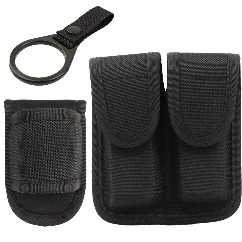 Tactical Double Magazine Pouch for G17 G19 92fs H&K Ruger,Duty Belt Nylon Pistol Mag Pouch with Flashlight Holder Ring Strap