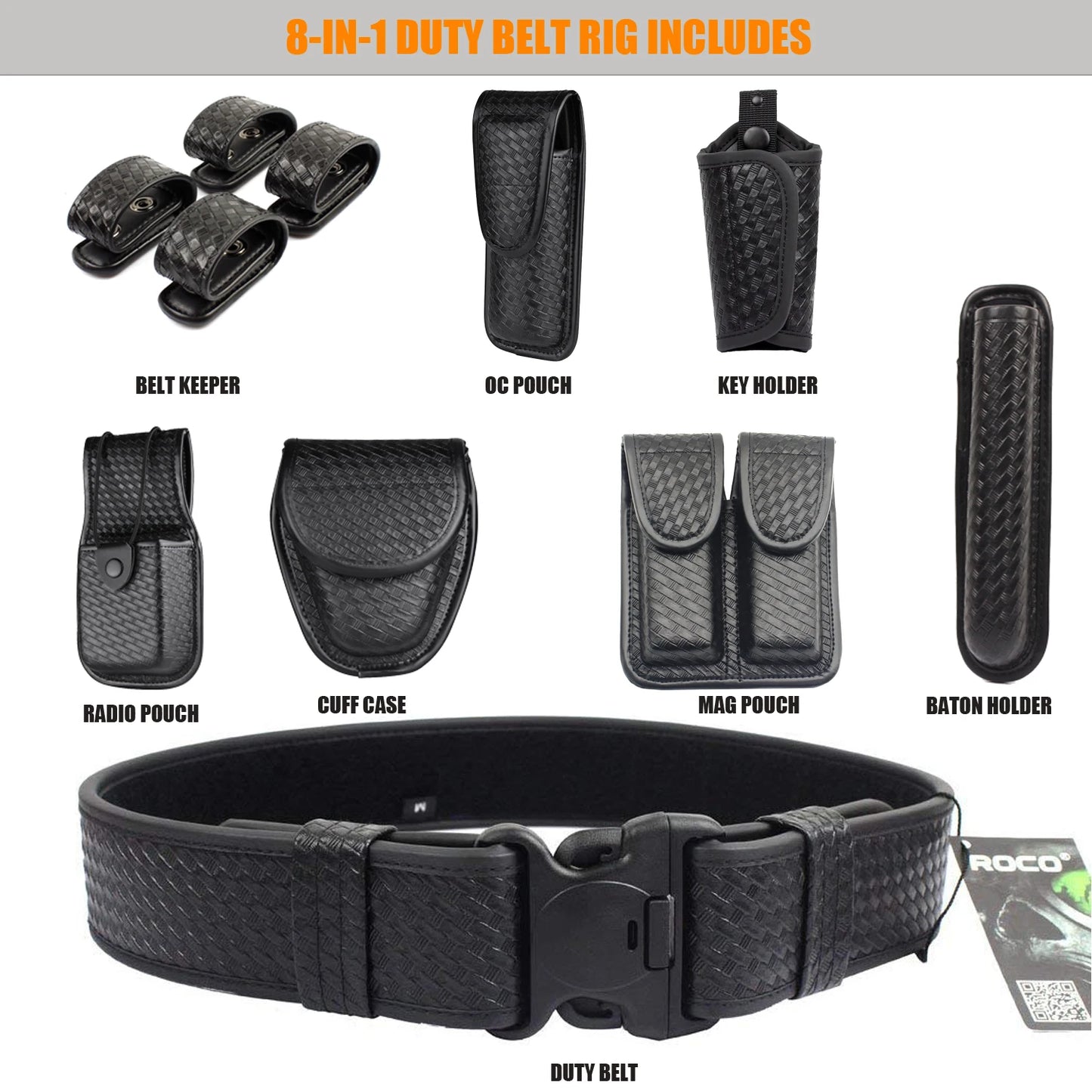 ROCOTACTICAL 8-in-1 Law Enforcement Duty Web Belt Rig with Handcuff Case, Mag Pouch, Basket weave Police Duty Belt Rig