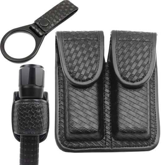 Tactical Double Magazine Pouch for G17 G19 92fs H&K Ruger,Duty Belt Nylon Pistol Mag Pouch with Flashlight Holder Ring Strap