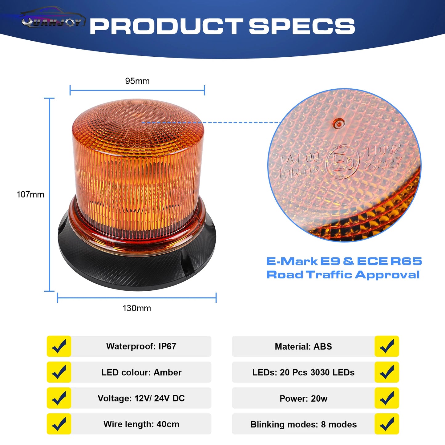 Yuanjoy 8 Modes Emergency Strobe Light Warning Beacon Rotating Light 12/24v For Commercial Vehicles, School Bus, Excavator