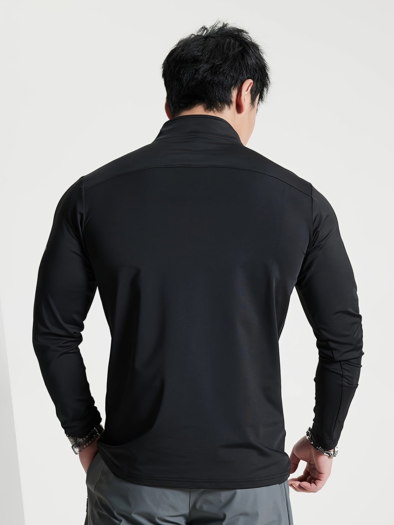 Men's Solid Henley Shirt, Active Half Zipper Stand Collar Slim-fit Long Sleeve Shirt For Spring Fall Outdoor Activities