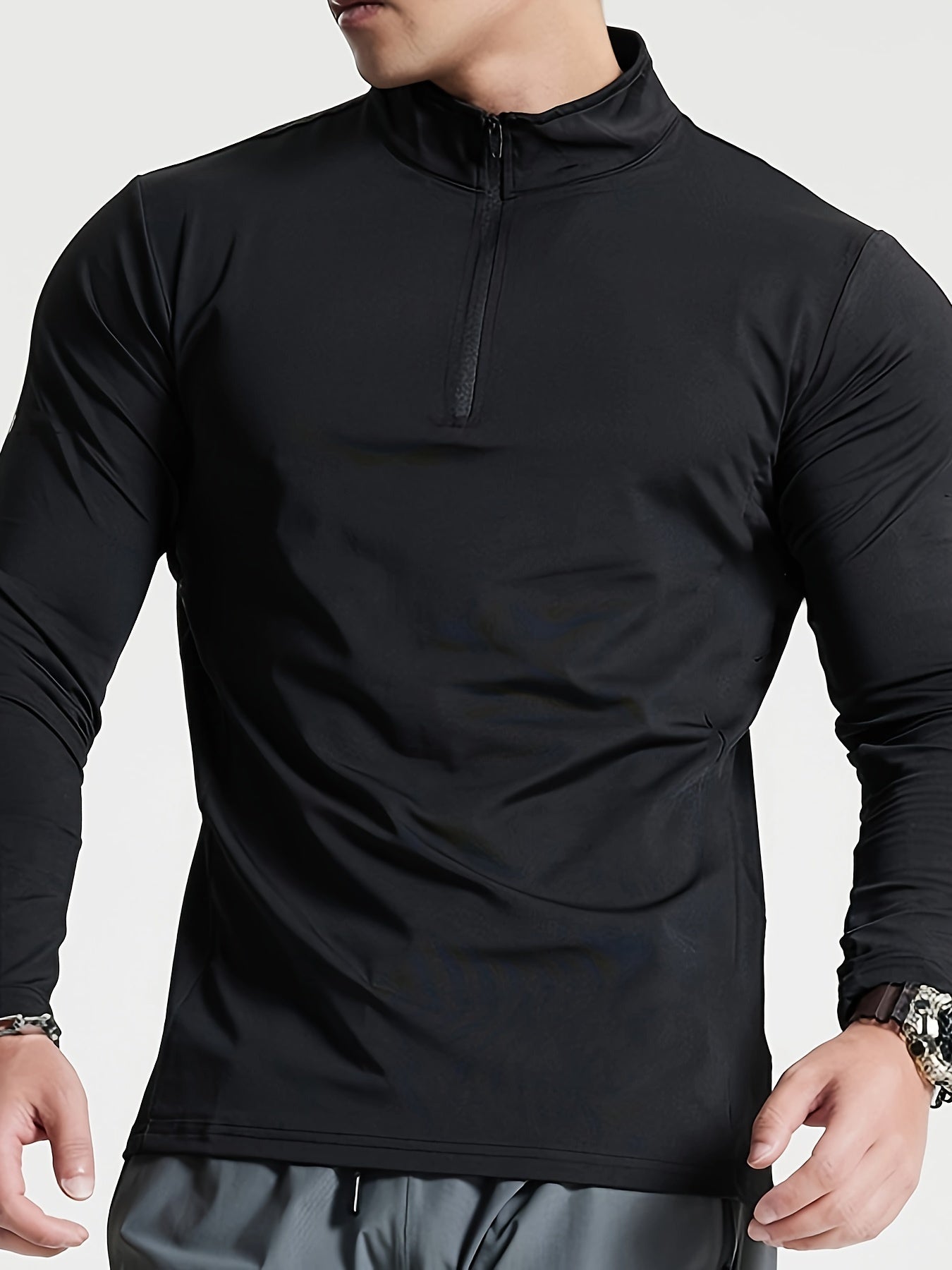 Men's Solid Henley Shirt, Active Half Zipper Stand Collar Slim-fit Long Sleeve Shirt For Spring Fall Outdoor Activities