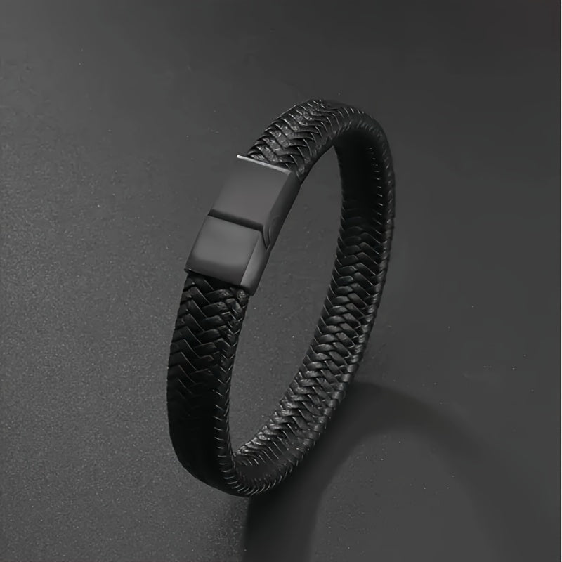Men's Vintage-Inspired Braided Faux Leather Bracelet with Sleek Magnetic Clasp, Casual Black Wristband - No Plating